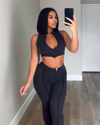 SOLEIL Pinstripe Zip-Up Top & Leggings Set-Meeba &amp; Mae