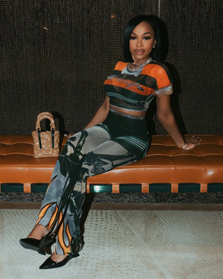 ASHLYN Printed Mesh Crop Top & Pants Set-Meeba &amp; Mae