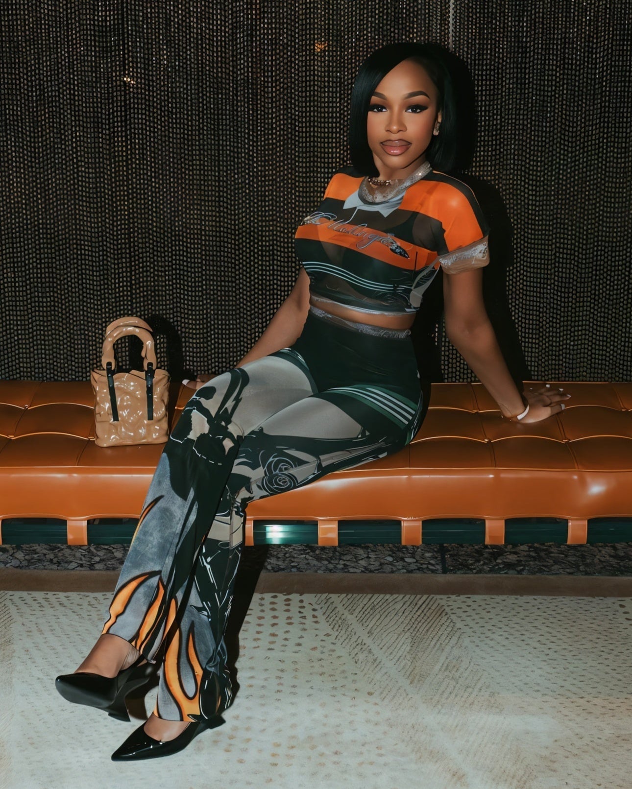 ASHLYN Printed Mesh Crop Top & Pants Set-Meeba &amp; Mae