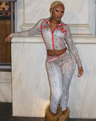 DELYSSA Leopard Cropped Jacket Top & Pants Set