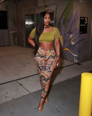 NICAMAE Crop Top & Abstract Printed Leggings Set-Meeba &amp; Mae