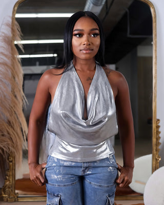 MAYAN Hooded Open-back Metallic Top-Meeba &amp; Mae