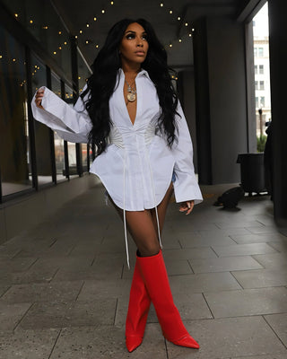 ALEXANDRA Corset Waist Button-Up Shirt Dress-Meeba &amp; Mae