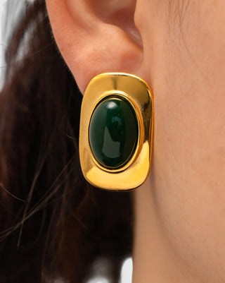 REYANA Green Stone Gold Stud Earrings