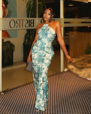 SHANE 3D Floral Applique Halter Maxi Dress-Meeba &amp; Mae