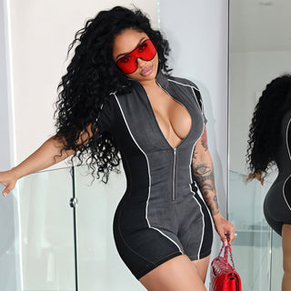 DIXIE Denim Print Romper-Meeba &amp; Mae