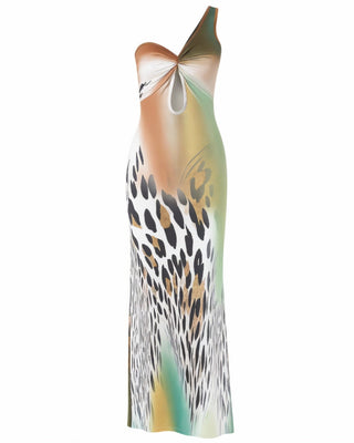 ZARIAH Leopard Print One Shoulder Cut Out Maxi Dress-Meeba &amp; Mae