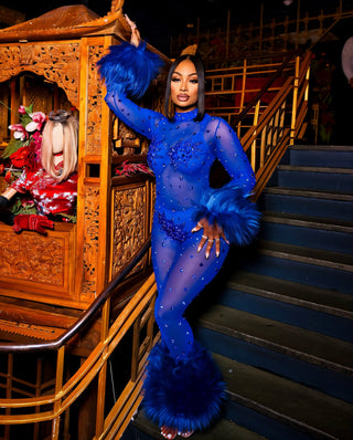 CHARICE Rhinestone & Faux Fur Trim Jumpsuit-Meeba &amp; Mae