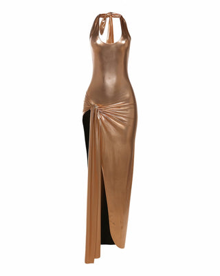 ARAYA Metallic Ruched High-Slit Maxi Dress