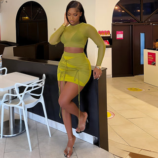 CINDRA Mesh Crop & Drawstring Skirt Set-Meeba &amp; Mae