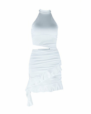 LUXEN High Neckline Draped Ruffle Mini Dress-Meeba &amp; Mae