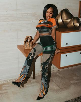 ASHLYN Printed Mesh Crop Top & Pants Set-Meeba &amp; Mae