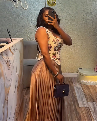 MASINA Floral Print Corset & Pleated Maxi Skirt Set-Meeba &amp; Mae