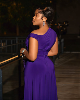 MIREN One-Shoulder Draped High Slit Maxi Dress-Meeba &amp; Mae