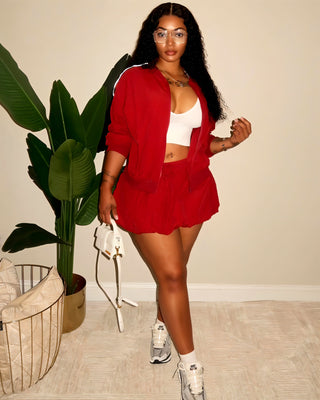 RIETTA Stripe Zip-Up Bomber Jacket & Pleated Mini Skirt-Meeba &amp; Mae