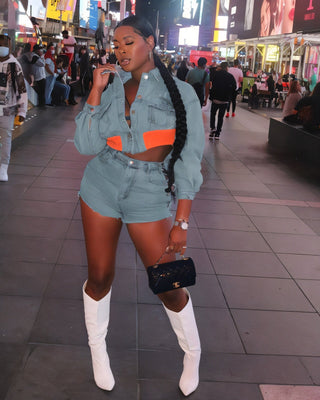 HAVEN Cropped Denim Jacket & Side Lace-up Shorts Set-Meeba &amp; Mae