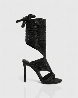 BRIANNE Square Head Rhinestone Lace-Up Knee High Heels