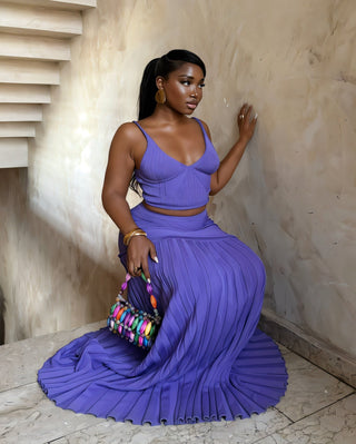 VESPERA Ribbed Knit Crop Top & Pleated Maxi Skirt Set-Meeba &amp; Mae