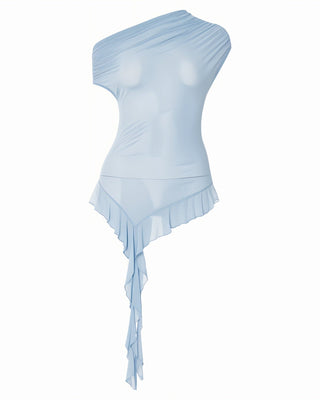 FIORELLA One-Shoulder Asymmetrical Ruffled Mesh Top-Meeba &amp; Mae