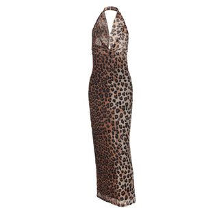 CAMILLE Halter Neckline Leopard Maxi Dress