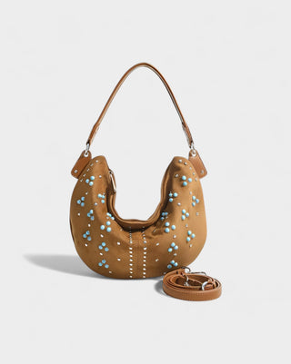 MADIE Turquoise Embellished Brown Suede Hobo Bag