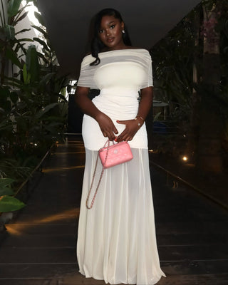 CALYRA Off-Shoulder Layered Mesh Maxi Dress-Meeba &amp; Mae