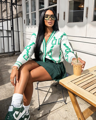 ALYA Geometric Jacquard Button-Up Knit Cardigan