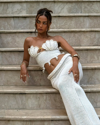 POSIE Crochet Pearl Detail Strapless Top & Maxi Skirt Set-Meeba &amp; Mae