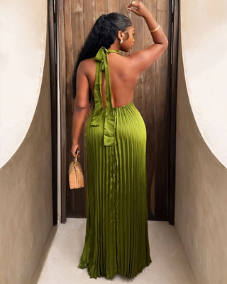 ADRIANA V-Neck Backless Pleated Maxi Dress-Meeba &amp; Mae