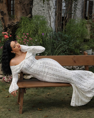 LEORA Lace Off-Shoulder Long Sleeve Maxi Dress-Meeba &amp; Mae