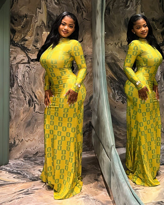 VIAN Geometric Print Long-Sleeved Maxi Dress-Meeba &amp; Mae