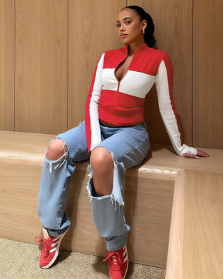 RIVA Colorblock Zip-Up Fitted Top