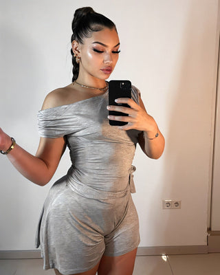 TRISHIA Oblique Off-Shoulder Tie-Waist Romper-Meeba &amp; Mae