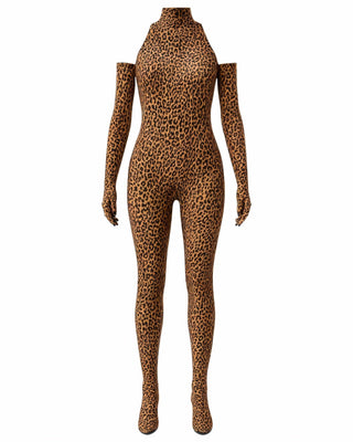ISALINE Leopard Print High Neck Jumpsuit & Gloves Set-Meeba &amp; Mae
