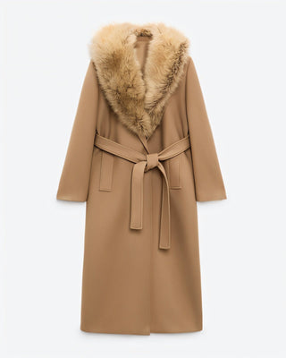 FLORINA Faux Fur Collar Wool Trench Coat
