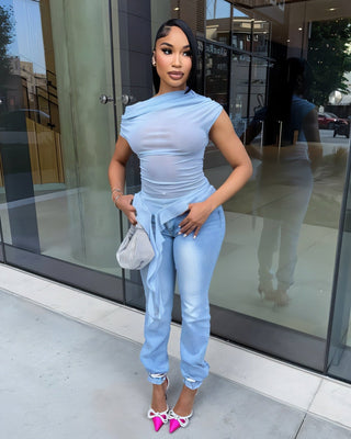 FIORELLA One-Shoulder Asymmetrical Ruffled Mesh Top-Meeba &amp; Mae