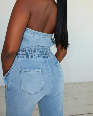 GILLIAN Denim Drawstring Waist Strapless Jumpsuit-Meeba &amp; Mae