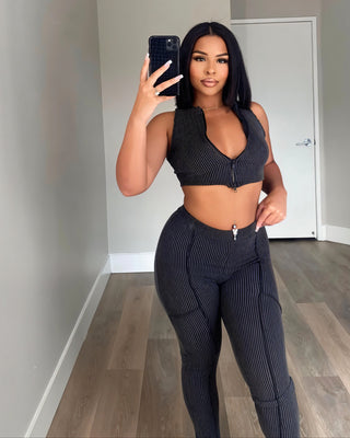 SOLEIL Pinstripe Zip-Up Top & Leggings Set-Meeba &amp; Mae