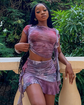 ELISKA Ruffled Watercolor Print Top & Skirt Set-Meeba &amp; Mae