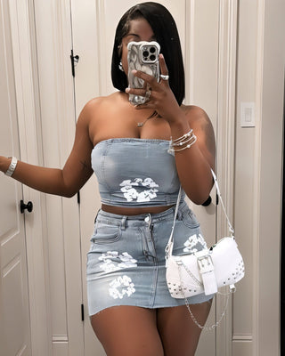 ALANA Floral Print Denim Top & Skirt Set-Meeba &amp; Mae