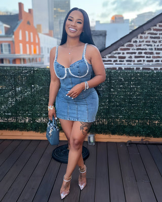 COSETTE Embellished Trim Denim Bodycon Mini Dress-Meeba &amp; Mae