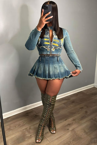 DANIELA Cropped Denim Jacket & Pleated Mini Skirt Set
