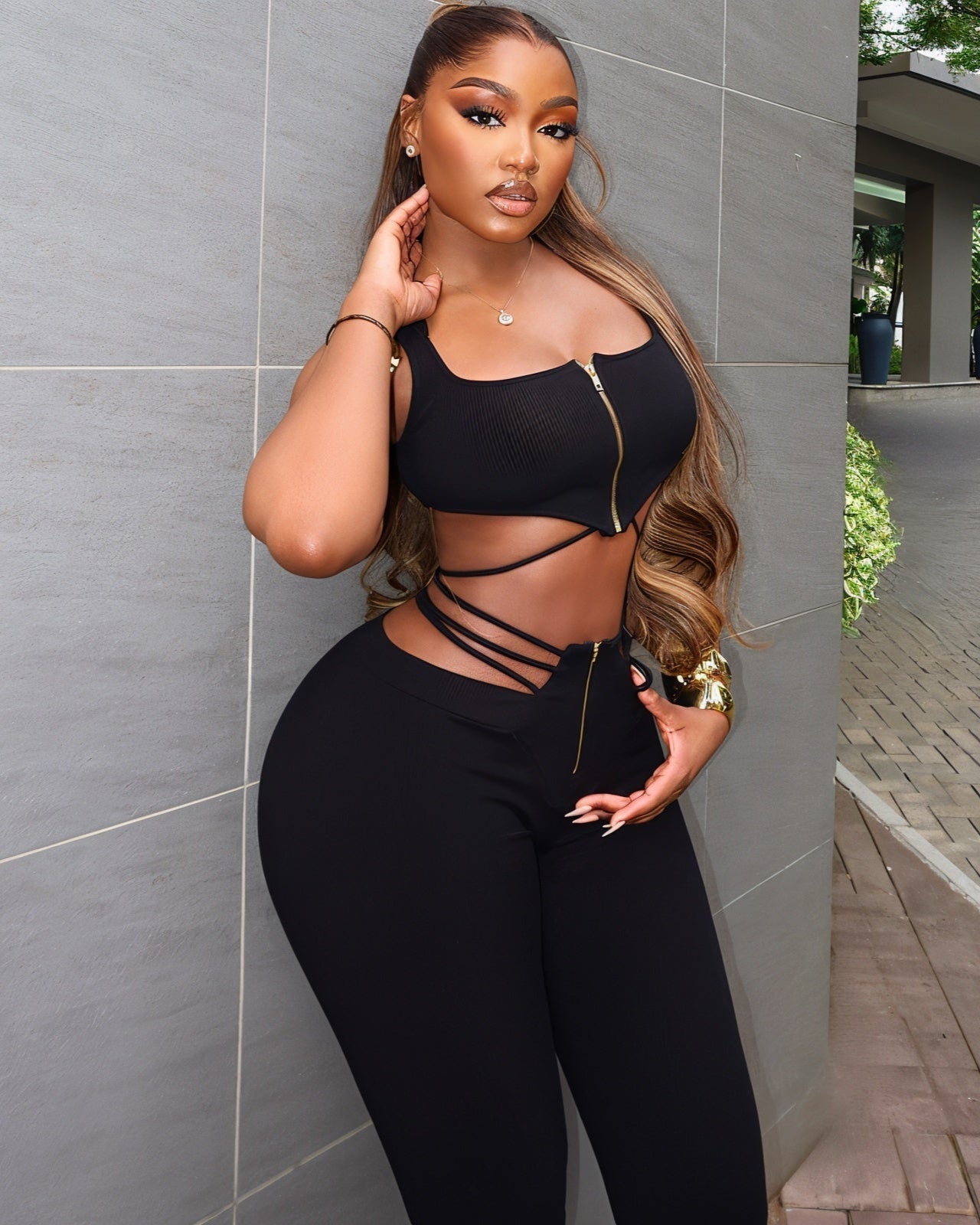 YUNA Ribbed Zip-up Top & Strappy Cutout Pants Set-Meeba &amp; Mae