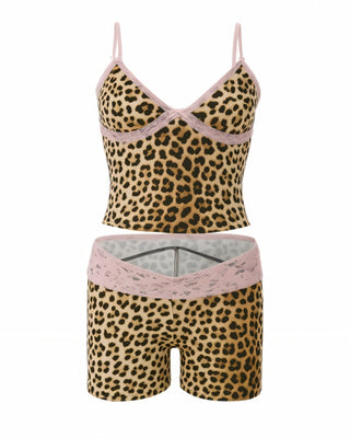 EDITH Leopard Lace Trim Top & Shorts Set-Meeba &amp; Mae