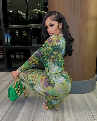 SANNA Floral Mesh Long Sleeve Top & Pants Set