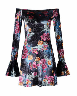 CATELYN Velvet Off-Shoulder Floral Mini Dress-Meeba &amp; Mae