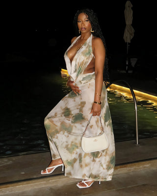 NOEMI Abstract Print Cowl Halter Top & Maxi Skirt Set-Meeba &amp; Mae