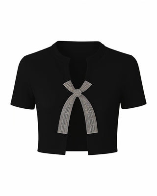 CARLY Rhinestone Bow Cropped Top-Meeba &amp; Mae
