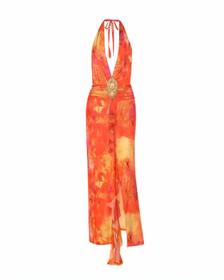 DIVINE V-neck Ruffled Slit Halter Midi Dress-Meeba &amp; Mae