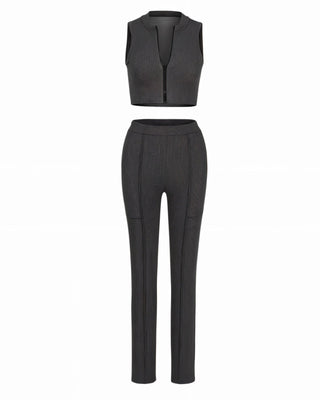 SOLEIL Pinstripe Zip-Up Top & Leggings Set-Meeba &amp; Mae